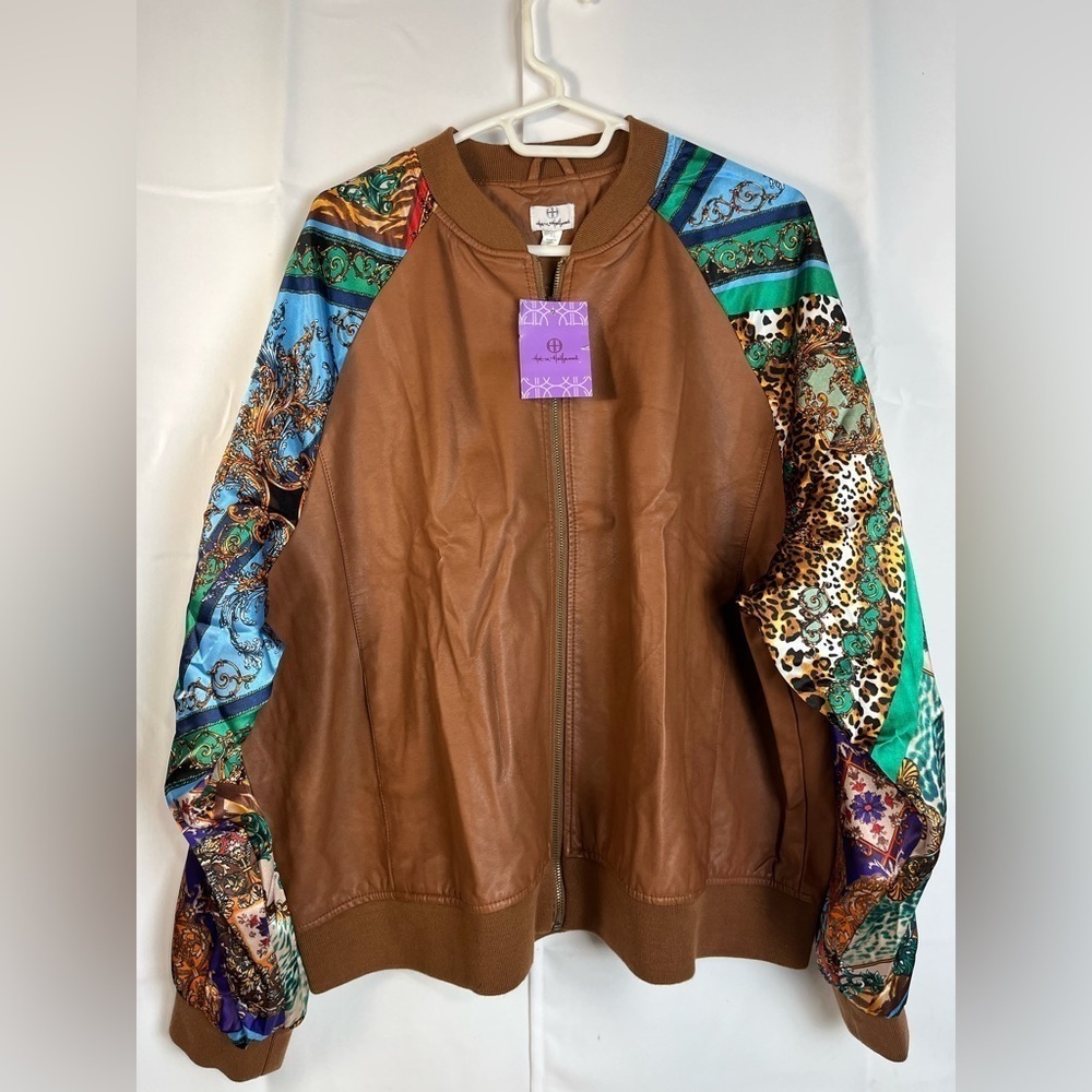 Hot In Holywood Womens Faux Leather Brown Full Zip Bomber Jacket Size 3XL NWT